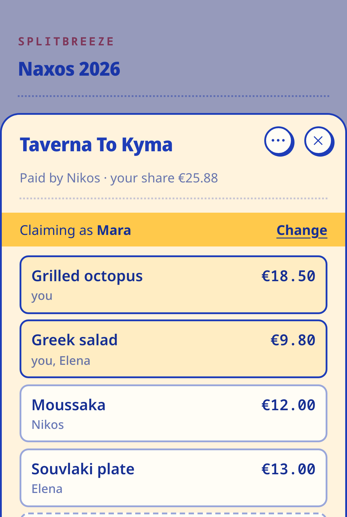 A scanned restaurant bill in Splitbreeze, itemized — people tap their own items to claim them.